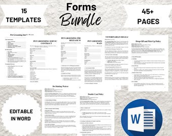 Editable Pet Grooming Forms Bundle: Client Intake, Contract (Word Format Digital Download