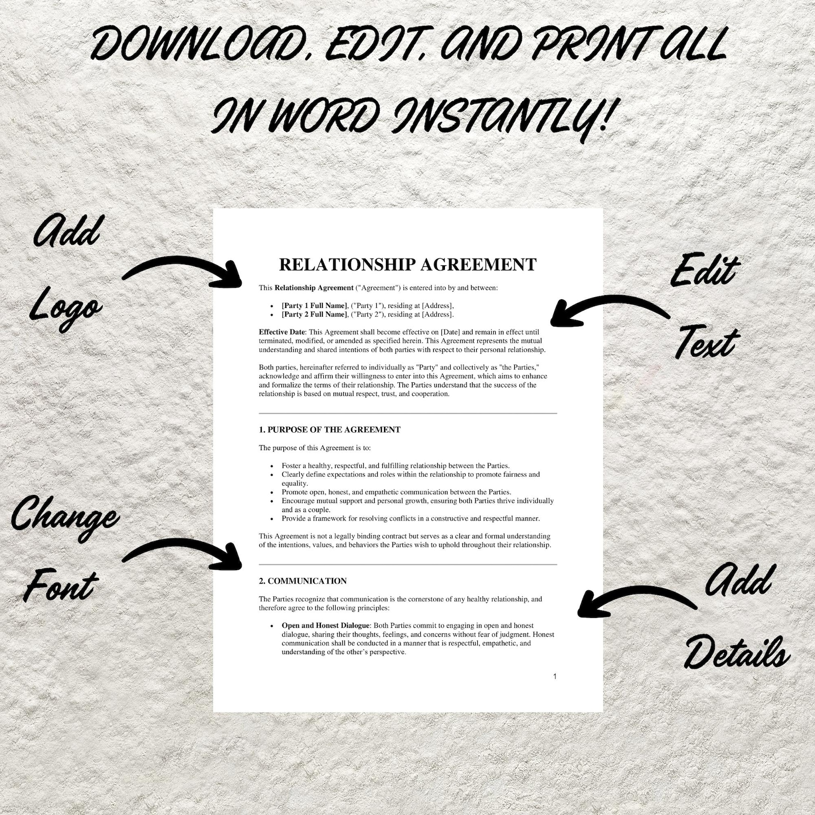 Couples Relationship Contract Template: Editable Agreement (pdf/word ...