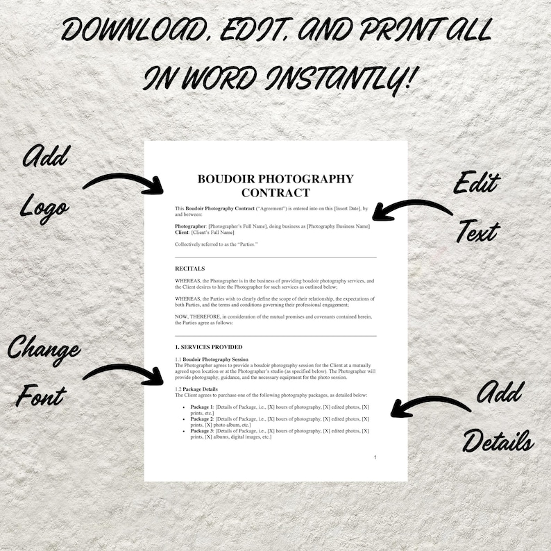 Boudoir Photography Client Contract Template Editable Boudoir Client ...