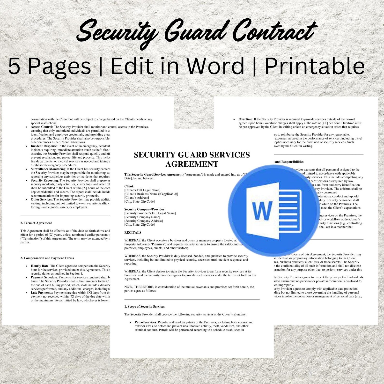 Editable Security Guard Service Contract Template (word Format) - Etsy