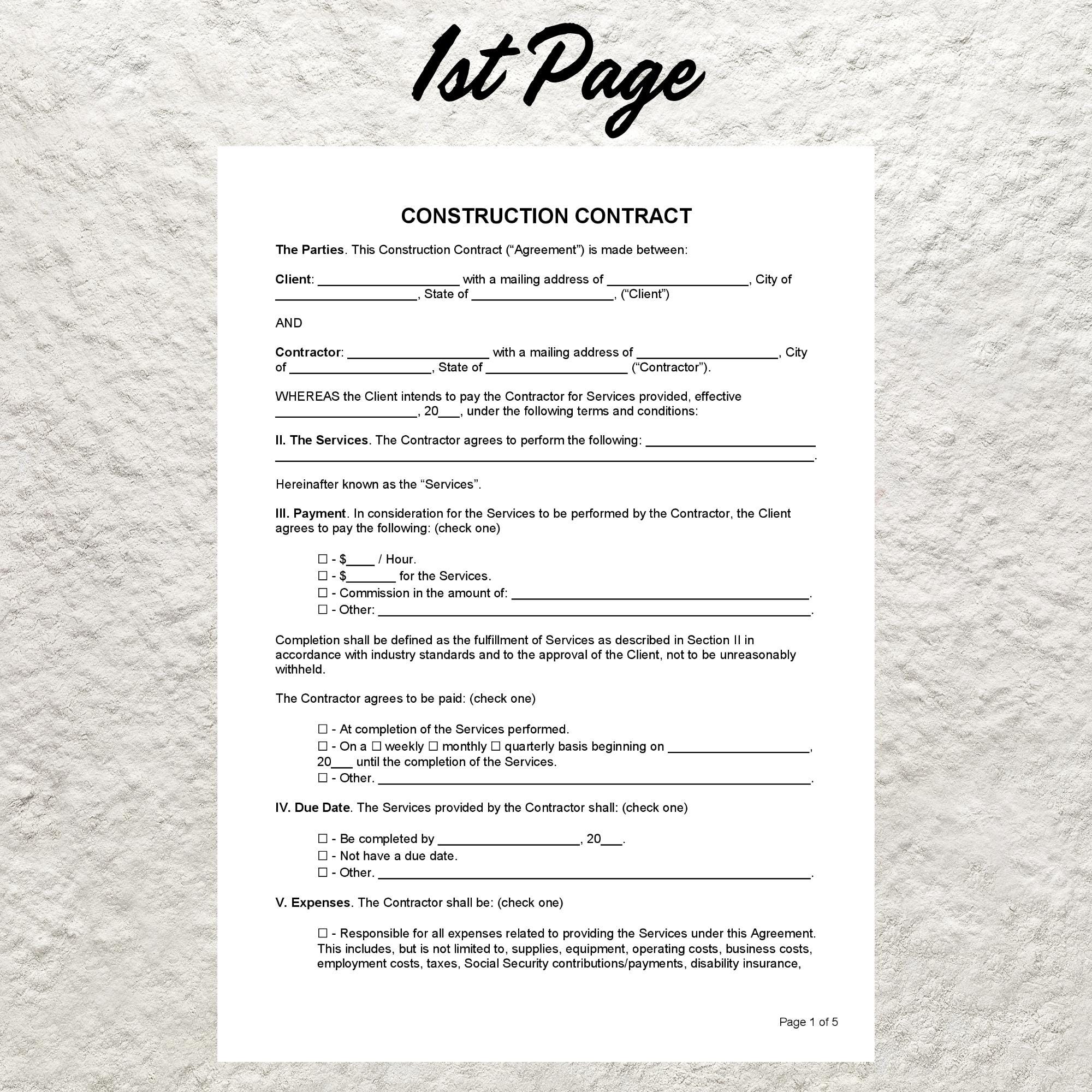 Editable Construction Contract Template: Contractor Agreement (word) - Etsy