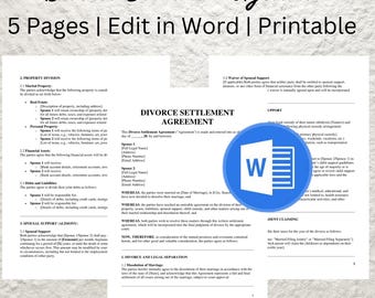 May include: A blue and white document with the title "Divorce Settlement Agreement" and the text "5 Pages | Edit in Word | Printable". The document is a legal agreement for couples going through a divorce.