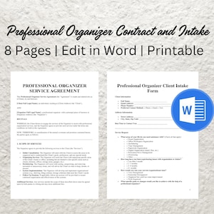 Professional Organizer Contract Template Editable Client Intake Printable Service Agreement and Organizing Business Forms - PDF