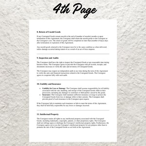 Puede incluir: Un documento legal que describe los t&eacute;rminos de un acuerdo de consignaci&oacute;n. El documento abarca temas como la devoluci&oacute;n de los productos no vendidos, las inspecciones y las auditor&iacute;as, la responsabilidad y el seguro, y la propiedad intelectual.