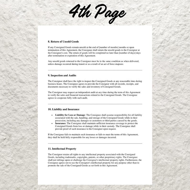 Puede incluir: Un documento legal que describe los t&eacute;rminos de un acuerdo de consignaci&oacute;n. El documento abarca temas como la devoluci&oacute;n de los productos no vendidos, las inspecciones y las auditor&iacute;as, la responsabilidad y el seguro, y la propiedad intelectual.