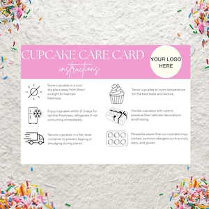 Carte d'entretien pour cupcakes, modèle sur toile Instructions d'entretien des cupcakes modifiables Guide d'insertion de cartes d'entretien pour cupcakes imprimable pour petites entreprises