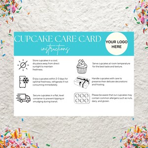 Carte d'entretien pour cupcakes, modèle sur toile Instructions d'entretien des cupcakes modifiables Guide d'insertion de cartes d'entretien pour cupcakes imprimable pour petites entreprises
