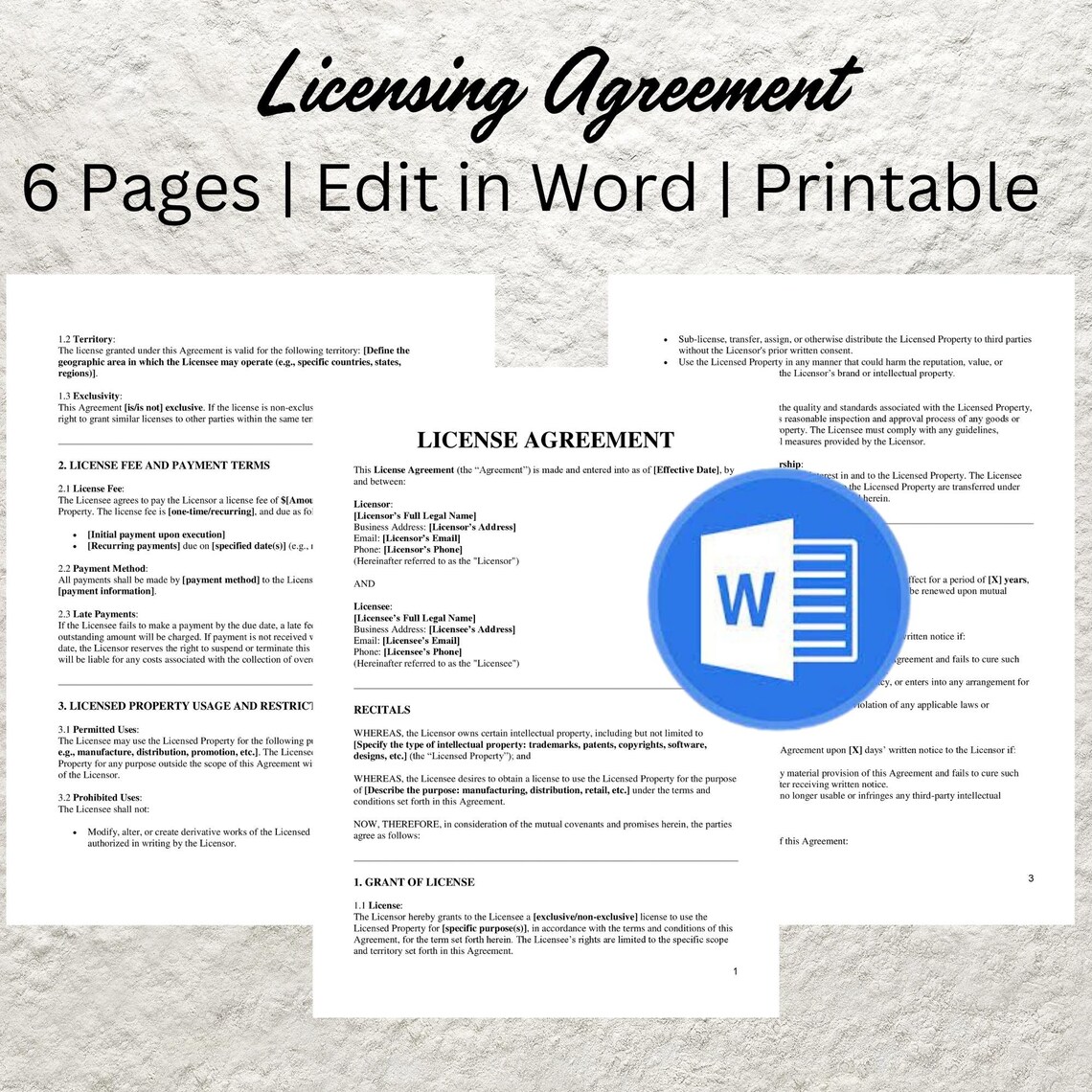 Licensing Agreement Template Editable Copyright License Printable ...