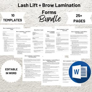 May include: A digital download of 10 printable templates for lash lift and brow lamination services. The templates include forms for client consultations, pre- and post-care instructions, and a photo and video release form. The forms are editable in Microsoft Word and include 25+ pages.