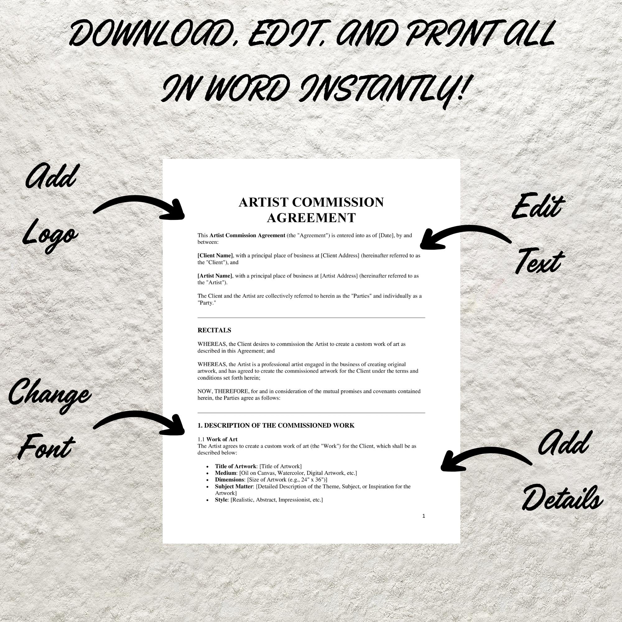 Artist Commission Contract Template Editable Service Agreement (pdf