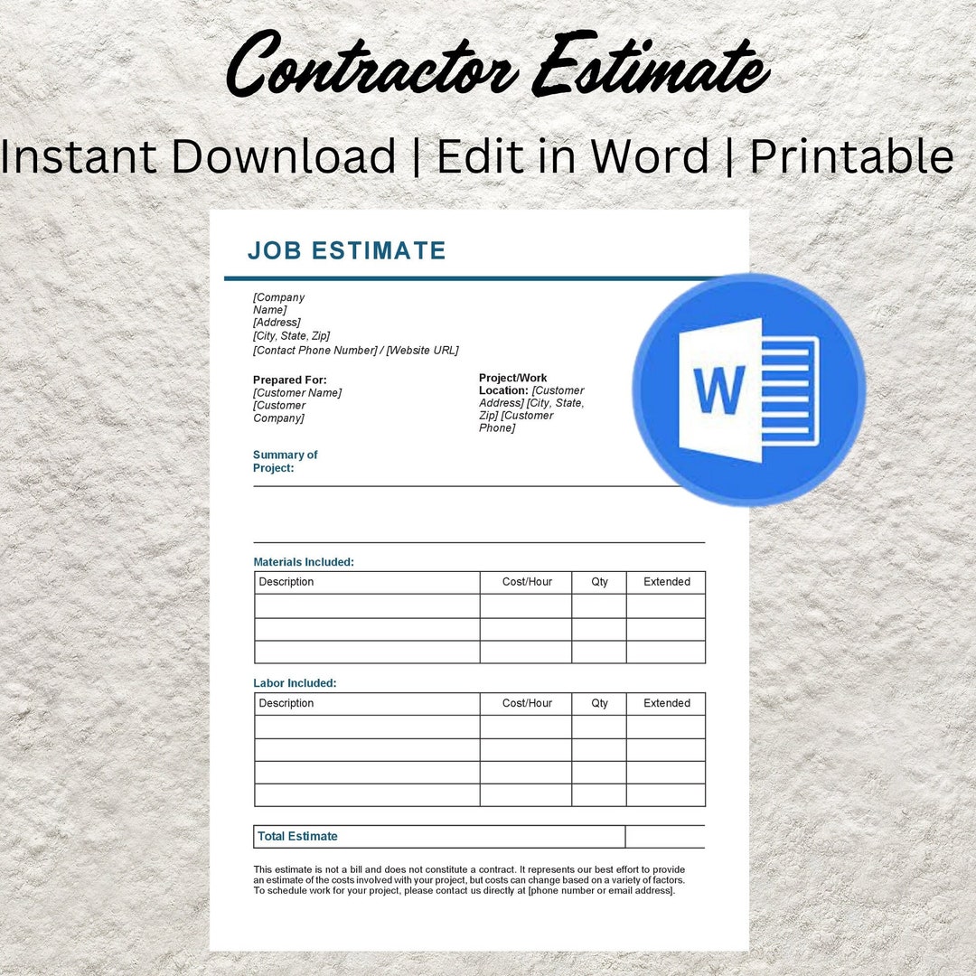 Editable General Contractor Job Estimate Template Printable Editable General Contractor Job Estimate Template Printable