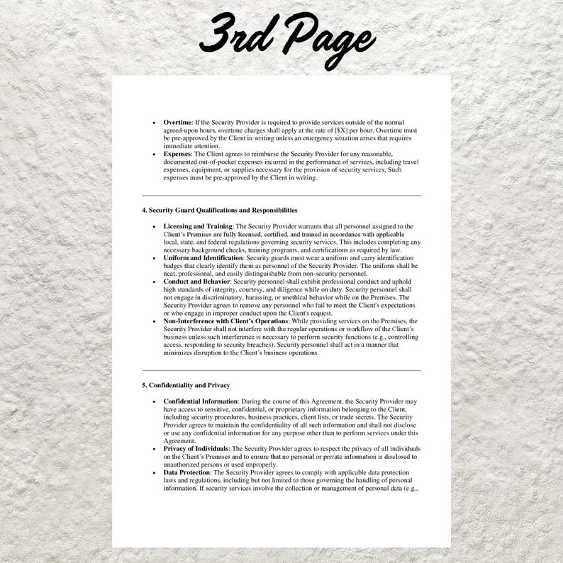 Editable Security Guard Service Contract Template (word Format) - Etsy