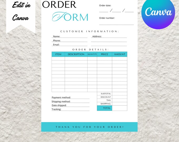 Pink Editable Order Form Custom Template, Printable Purchase Order Form ...