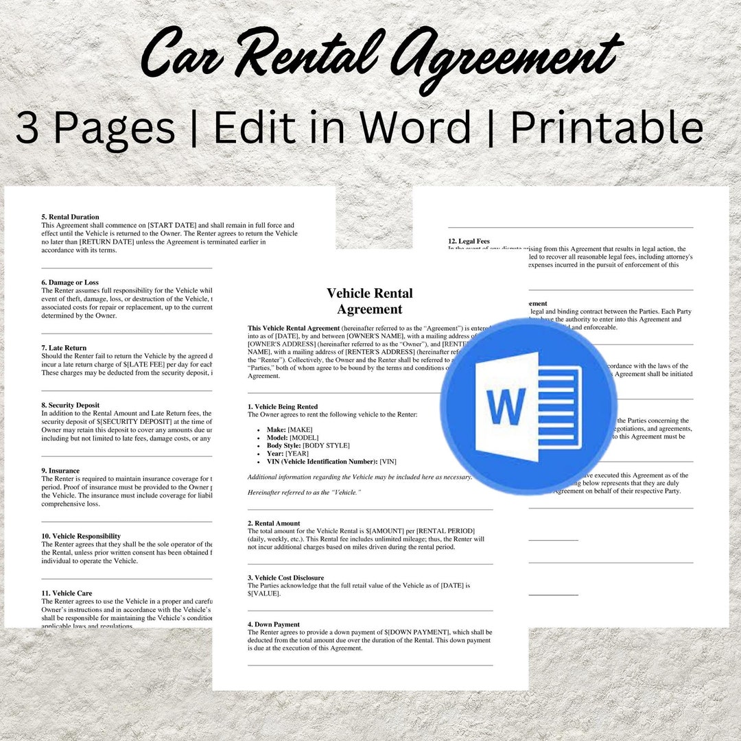 Car Rental Template.pdf Editable Car Rental Agreement Template: Vehicle Lease Form (digital ...
