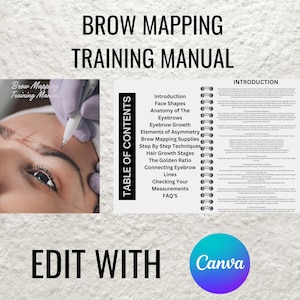 Puede incluir: Un manual de entrenamiento para el mapeado de cejas con una tabla de contenido que enumera temas como introducción, formas de la cara, anatomía de las cejas, crecimiento de las cejas, elementos de asimetría, suministros para el mapeado de cejas, técnicas paso a paso, etapas de crecimiento del vello, la proporción áurea, la conexión de las líneas de las cejas, la verificación de tus medidas y preguntas frecuentes. El manual está abierto en la página de introducción. La portada del manual presenta un primer plano de un ojo con una ceja que se está mapeando.