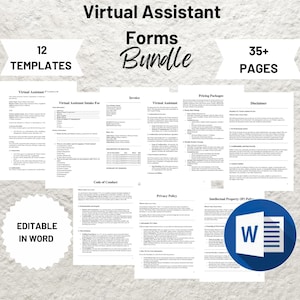 May include: A digital product bundle for virtual assistants, featuring 12 templates and 35+ pages of content. The bundle includes forms for a virtual assistant contract, intake form, invoice, pricing packages, disclaimer, code of conduct, privacy policy, and intellectual property policy. The bundle is editable in Microsoft Word.