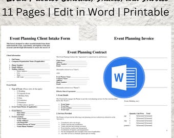 Puede incluir: Una plantilla de documento de Word imprimible para la planificación de eventos. El documento incluye un formulario de admisión del cliente, un contrato y una factura. El documento está diseñado para ayudar a los planificadores de eventos a organizar y administrar sus eventos.