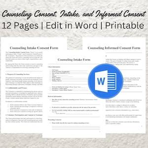 Counseling Intake Form Editable Informed Consent Printable Psychotherapy Mental Health New Client Intake Form Templates - PDF