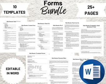 Puede incluir: Una descarga digital de 10 formularios imprimibles para tratamientos de estimulación cutánea. Los formularios incluyen un formulario de admisión, un formulario de consentimiento, un formulario de tratamiento del cliente, instrucciones previas al cuidado, instrucciones posteriores al cuidado, preguntas frecuentes, una factura de tratamiento, una política de pago y un formulario de liberación de fotos y videos. Los formularios son editables en Microsoft Word e incluyen más de 25 páginas.