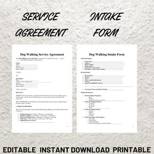 May include: Black and white printable forms for a dog walking service agreement and intake form. The forms include sections for client information, pet information, walking preferences, and services provided.