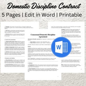 以下が含まれることがあります： 「Domestic Discipline Contract」というタイトルの文書で、上部に「5 Pages | Edit in Word | Printable」というテキストがあります。この文書は、2 人の関係のルールと境界線を定めた法的合意書です。この文書は Word 文書であり、印刷可能です。