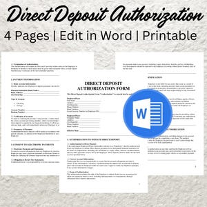 Op de afbeelding: Een printbaar direct deposit autorisatieformulier voor werknemers. Het formulier is bewerkbaar in Microsoft Word en bevat secties voor werknemer- en werkgeverinformatie, betalingsinformatie en autorisatie om direct deposit te initiëren.