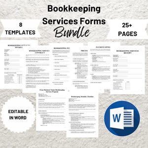 May include: A digital download of 8 bookkeeping service forms templates in a bundle. The templates include an invoice, contract, pricing, payment options, a service proposal, a monthly checklist, and a receipt. The templates are editable in Microsoft Word and contain 25+ pages.