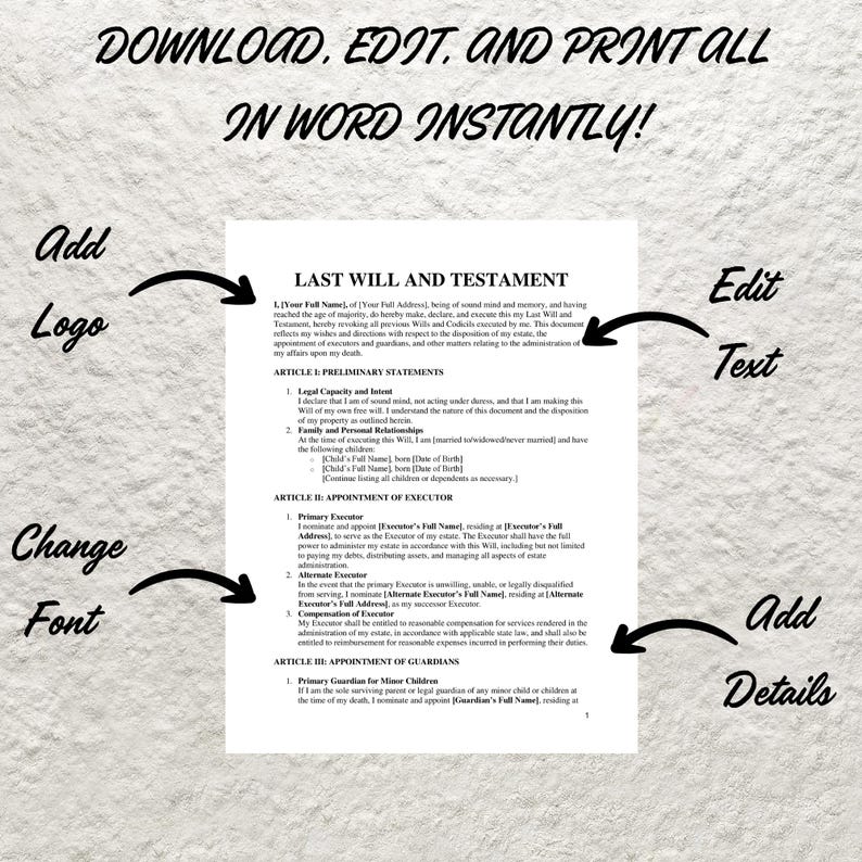 Last Will and Testament Template Editable Last Will and Testament ...