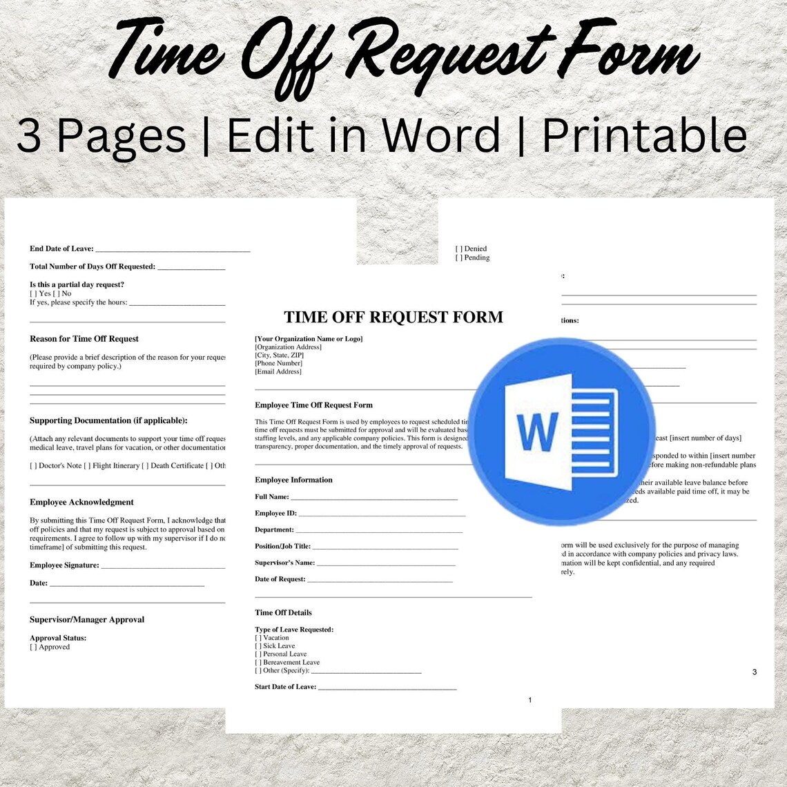 Editable Employee Time off Request Form (word, Printable) - Etsy