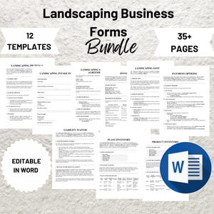 Peut inclure: Un téléchargement numérique de 12 formulaires d'entreprise de paysagisme dans un pack. Les formulaires sont modifiables dans Microsoft Word et comprennent une proposition de paysagisme, un formulaire d'admission, un accord, une facture, une estimation, des options de paiement, une renonciation de responsabilité, un inventaire des plantes et un inventaire des produits. Le pack comprend plus de 35 pages.