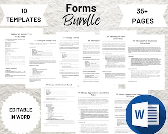May include: A bundle of 10 editable IV Therapy forms in a Microsoft Word document. The forms include a medical directive agreement, consent form, consult, pre-treatment instructions, post-treatment instructions, client treatment record, appointment cancellation policy, and frequently asked questions. The bundle includes 35+ pages.