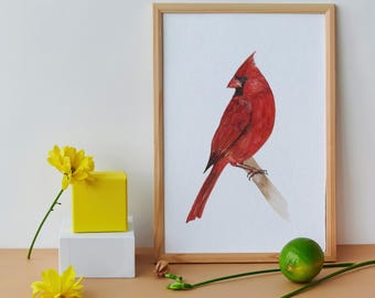 Red Cardinal Watercolor Print | Bold Crimson Bird Wall Art, Nature Decor