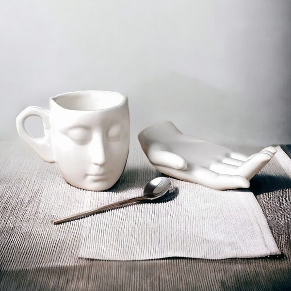 Ceramic Face Mug | Hand And Face Porcelain Set | Tea And Coffee Set | Handmade Pottery Gift Set | Coffee And Tea Lovers | Cup And Plate Set