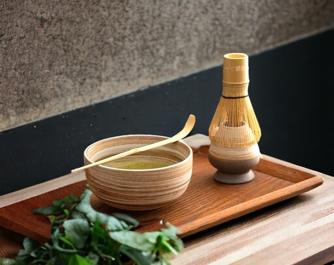 Artisanal 4pc Matcha set | Includes Bamboo whisk And Ceramic Bowl | Unique Japanese Matcha Bundle And whisk Holder | Tea Lovers | Handmade