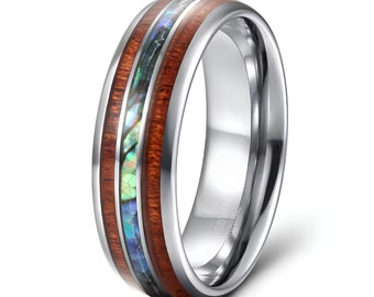 Tungsten Carbide Ring with Hawaiian Koa Wood and Abalone 8mm Size 9.5 US