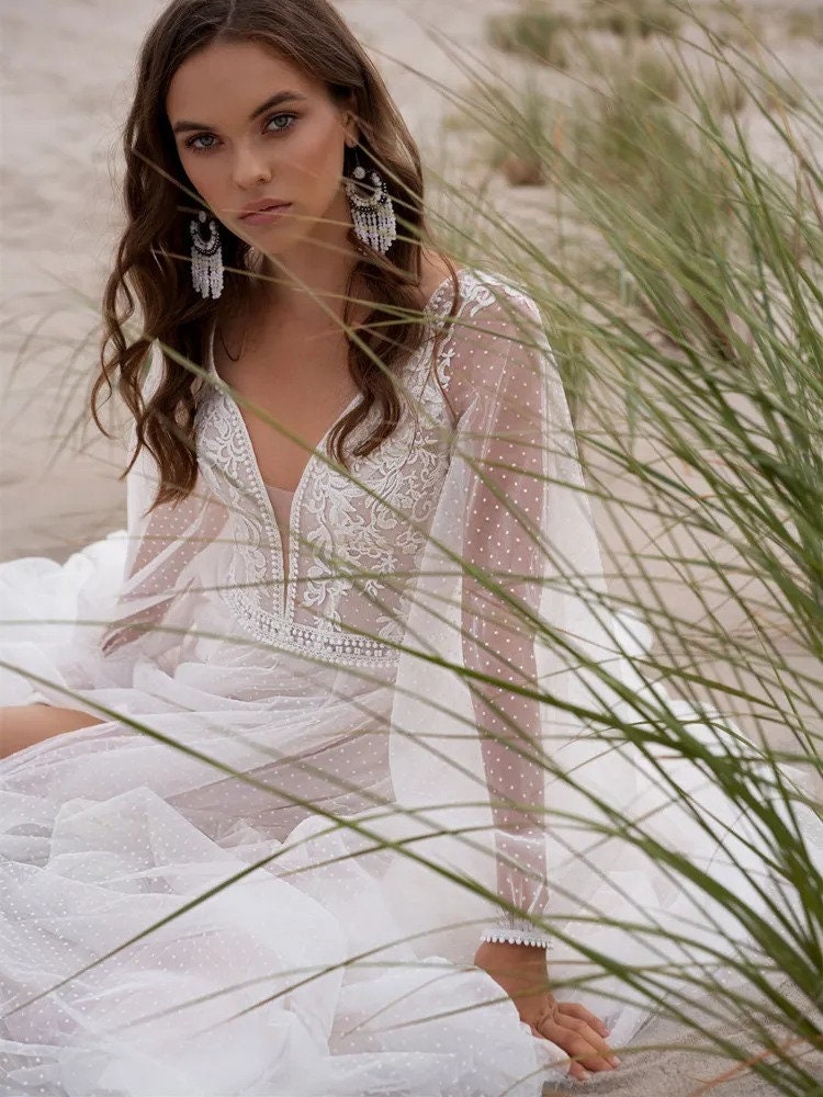 Vintage Beach Tulle Wedding Dress For Bride Bridal Gown Back main image 1