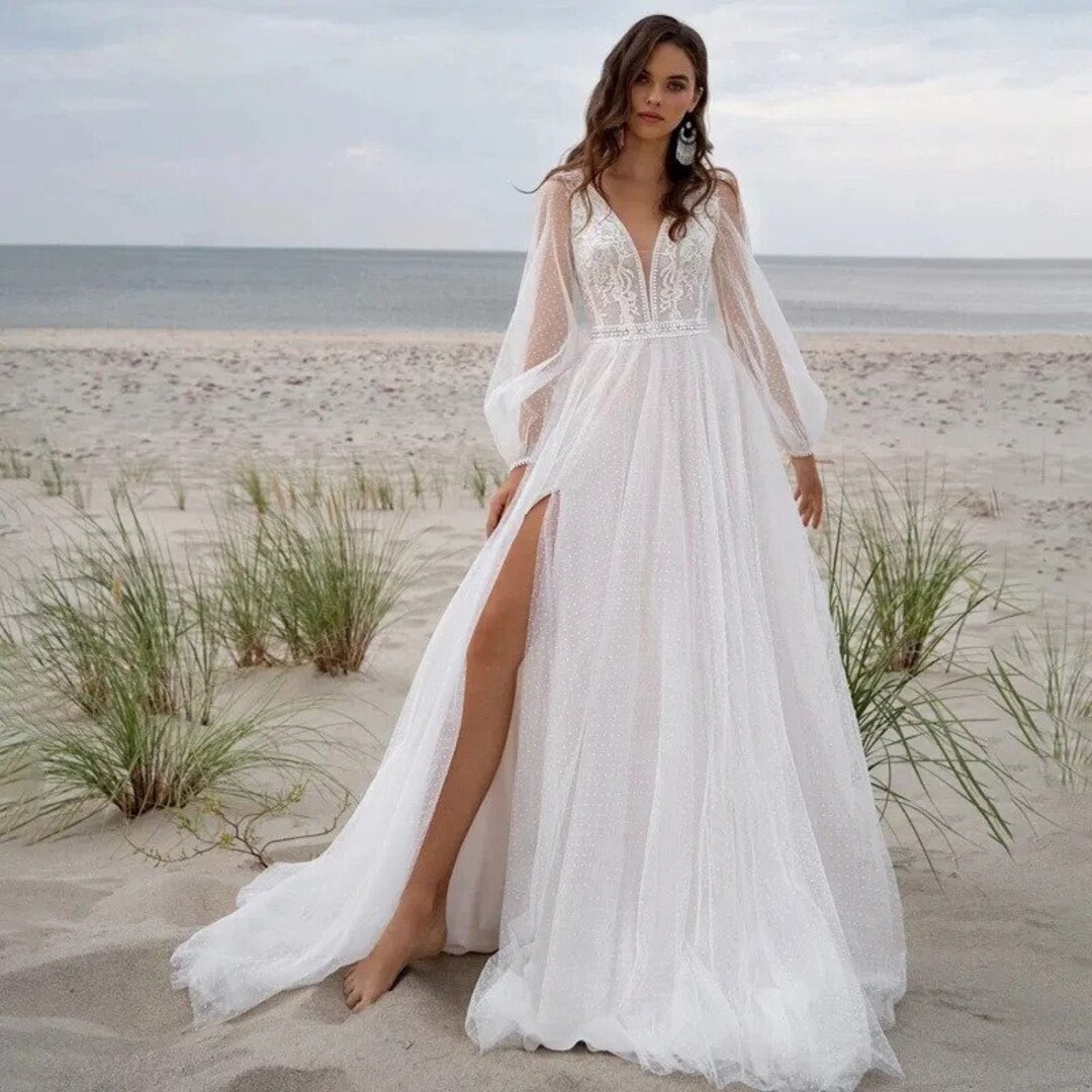 Vintage Beach Tulle Wedding Dress For Bride Bridal Gown Back main image 0
