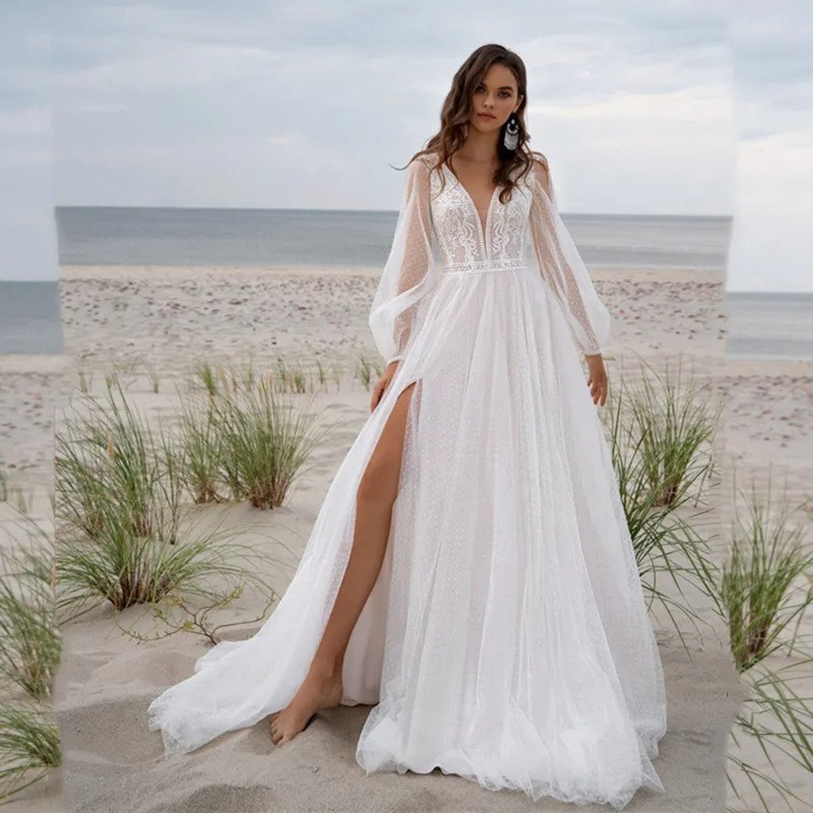 Boho Garden Summer Beach Tulle Chic A-line Slit Wedding Dresses