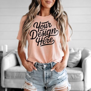 Heather Peach Bella Canvas 3001 T-Shirt Mockup - Bella Canvas Shirt Mockup - Heather Peach Shirt Mockup - Best Heather Peach TShirt Mockup