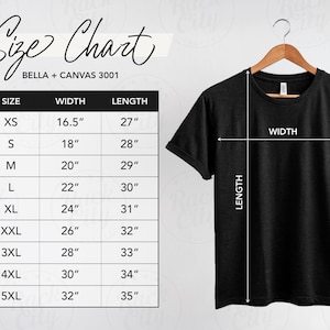 K&ouml;nnte beinhalten: Gr&ouml;&szlig;entabelle f&uuml;r Bella + Canvas 3001 T-Shirts, mit Ma&szlig;en in Zoll f&uuml;r Breite und L&auml;nge f&uuml;r die Gr&ouml;&szlig;en XS bis 5XL.