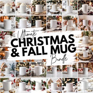 Puede incluir: Una colección de 24 tazas de cerámica blanca en varios escenarios de temática navideña. Las tazas están en blanco y listas para personalizar. El texto "Ultimate Christmas & Fall Mug Bundle" se muestra sobre un fondo blanco con un efecto de pincelada.