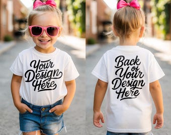 Front and Back White Bella Canvas 3001T Shirt Mockup, Girl Bella Canvas 3001T Mockup, Trendy Kids Mockups, Front and Back Kids Shirt Mockup