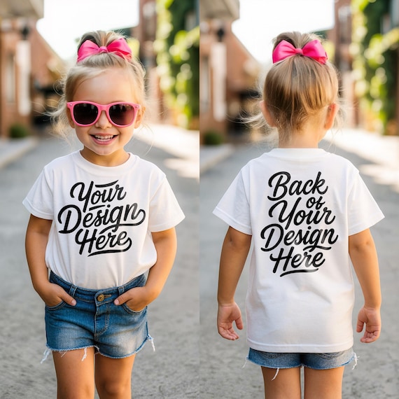 Front and Back White Bella Canvas 3001T Shirt Mockup, Girl Bella Canvas 3001T Mockup, Trendy Kids Mockups, Front and Back Kids Shirt Mockup