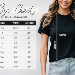 K&ouml;nnte beinhalten: Gr&ouml;&szlig;entabelle f&uuml;r Bella + Canvas 3001 T-Shirts, mit Ma&szlig;en in Zoll f&uuml;r Breite und L&auml;nge f&uuml;r die Gr&ouml;&szlig;en XS bis 5XL.