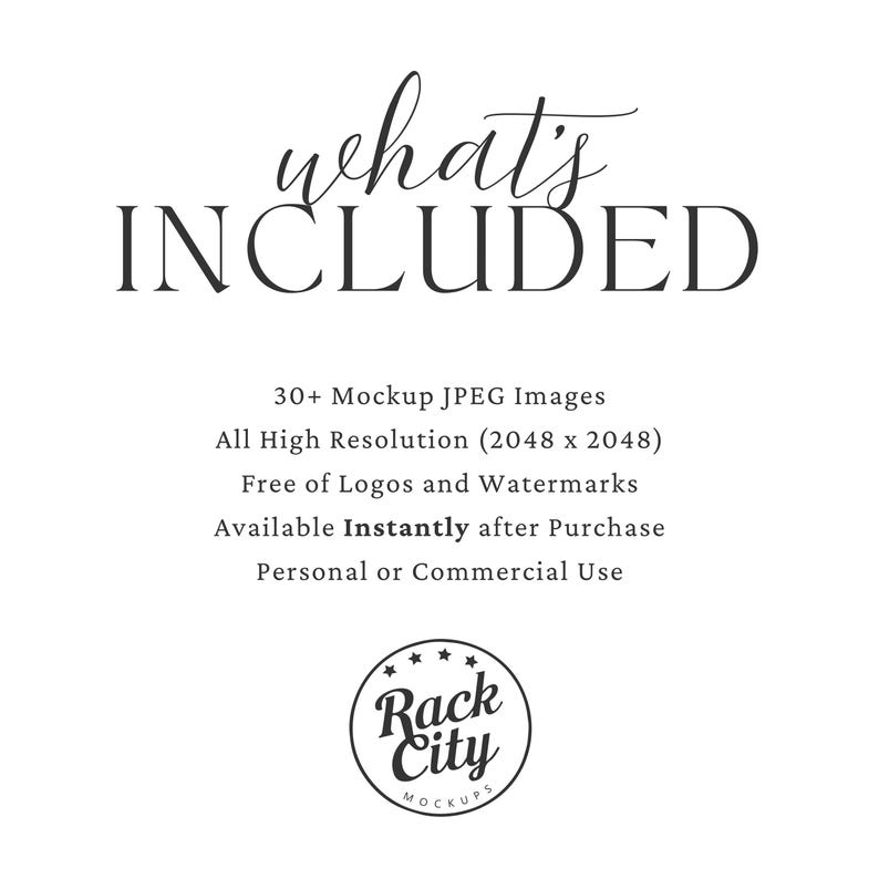 K&ouml;nnte beinhalten: Text, der "what's INCLUDED" in einer dekorativen Schriftart lautet. Unter dem Text befindet sich eine Liste mit Funktionen: 30+ Mockup-JPEG-Bilder, Alle in hoher Aufl&ouml;sung (2048 x 2048), Frei von Logos und Wasserzeichen, Sofort nach dem Kauf verf&uuml;gbar, Pers&ouml;nliche oder kommerzielle Nutzung. Ein Logo f&uuml;r Rack City Mockups befindet sich am unteren Rand des Bildes.