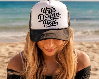 Foam Trucker Cap Mockup, Printify Otto Foam Black Trucker Hat Mockup, Beach Hat Mockup Black White Trendy Mockup, Best POD Custom Hat Mockup