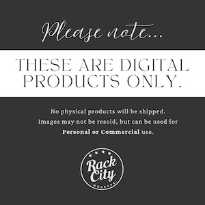 May include: A graphic with the text "Please note... THESE ARE DIGITAL PRODUCTS ONLY." Additional text states no physical products will be shipped and images can be used for personal or commercial use. A logo for Rack City Mockups is also present.