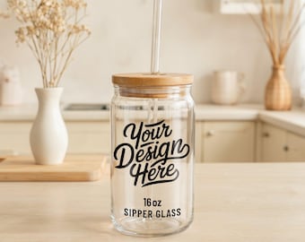 16oz Sipper Glass Can Mockup, 16oz Glass Beer Can Mockup, Printify POD 16 oz Libbey Sipper Glass Tumbler Can Template, Glass Gift Mockup