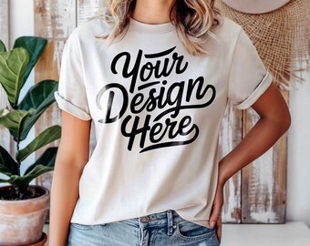 Natural Bella Canvas 3001 T-Shirt Mockup, Rustic Shirt Mockup, Shirt Model Mockup Boho Mockup, Bella Canvas Country T-Shirt Natural Mockup