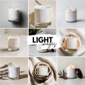 K&ouml;nnte beinhalten: Eine Collage aus neun Bildern mit Kerzen mit leeren Etiketten. Die Kerzen sind in verschiedenen Gr&ouml;&szlig;en und Formen und einige sind angez&uuml;ndet. Der Text "LIGHT images" ist in Wei&szlig; auf schwarzem Hintergrund in der Mitte der Collage geschrieben.